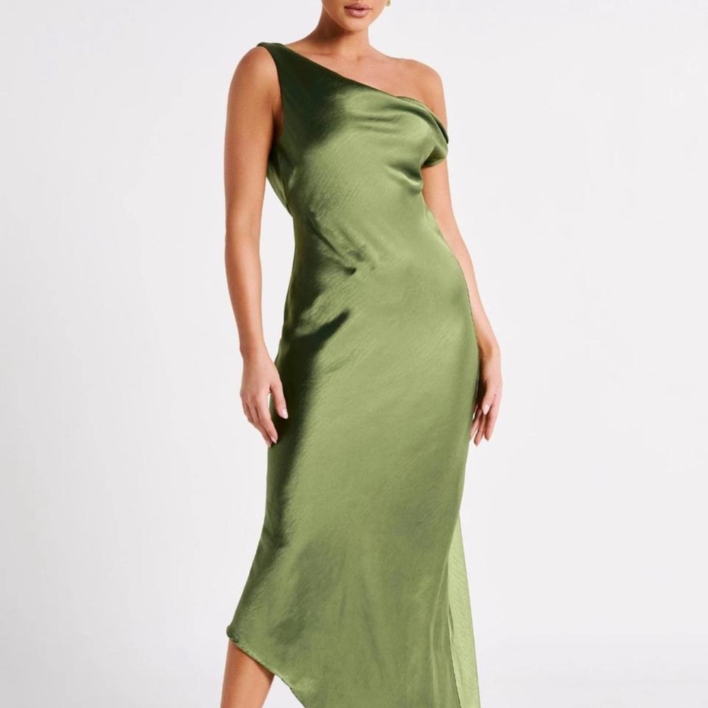 Meshki One-Shoulder Satin Dress in Olive